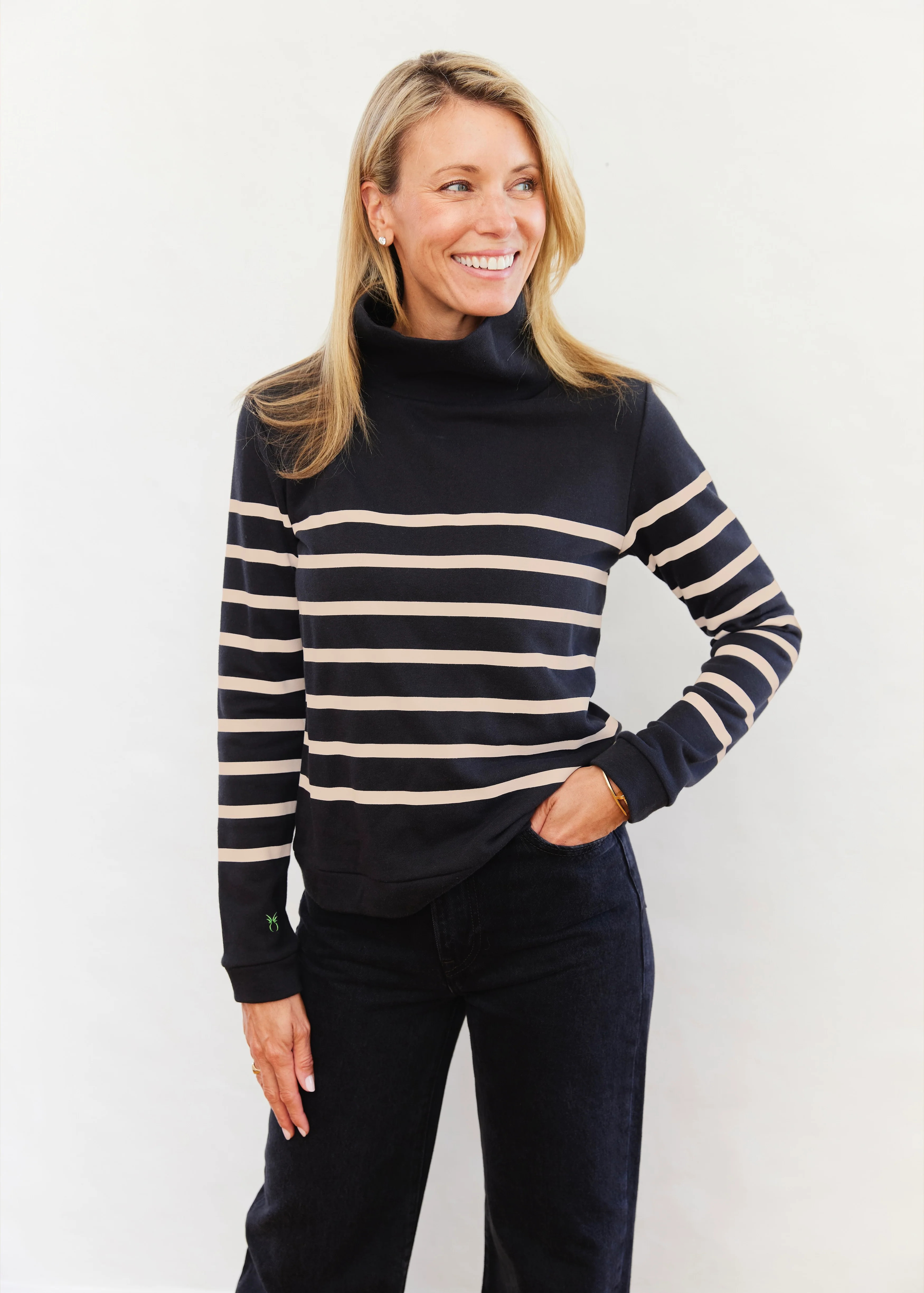 Park Slope Turtleneck in French Terry (Black/Camel Placed Stripe) | Dudley Stephens