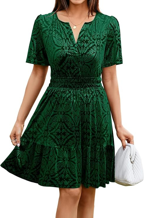 Simplee Women's 2024 Velvet Short Sleeve Cocktail Dress Winter Holiday V Neck Empire Waist Mini P... | Amazon (US)
