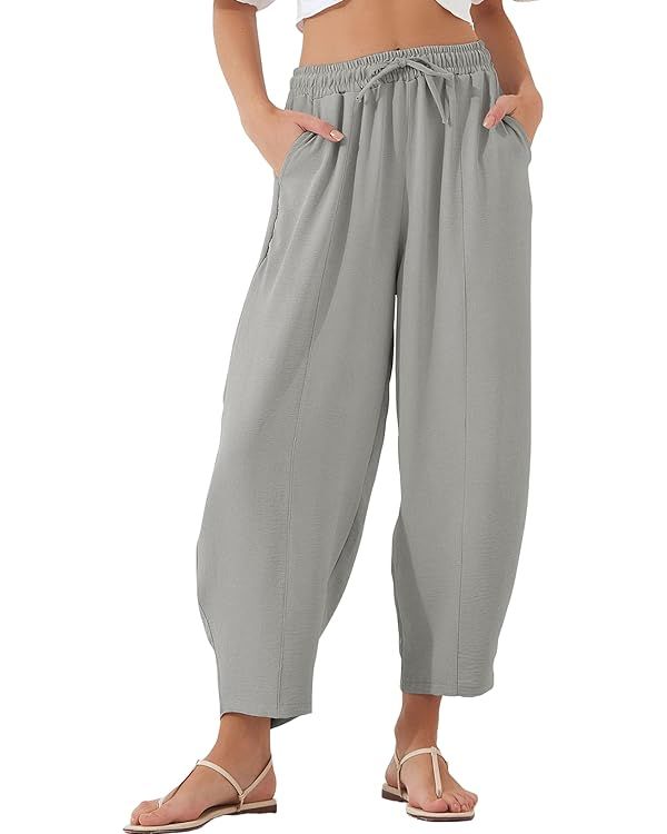 EVALESS Women's Summer High Waisted Baggy Pants Casual Ankle Length Trouser Slacks with Pockets | Amazon (US)