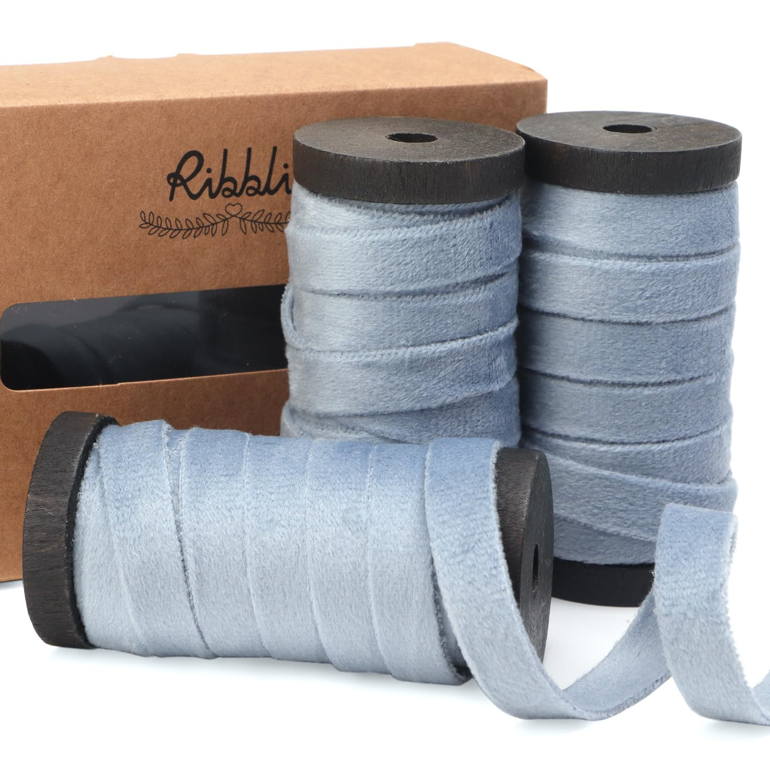 Ribbli Dusty Blue Velvet Ribbon 3 Rolls Double Faced 3/8 Inch 18-Yard with Wooden Spool Use for C... | Amazon (US)