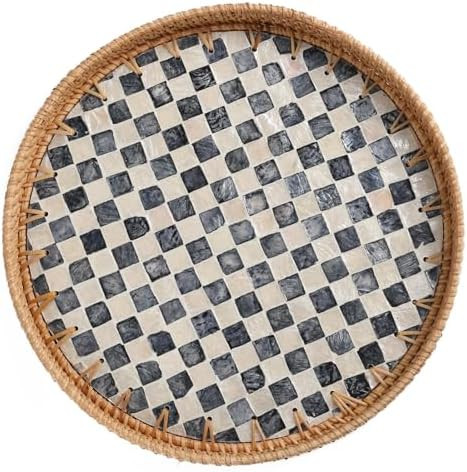 Tynulox Round Rattan Tray with Mother of Pearl Inlay, Rattan Serving Tray for Coffee, Bread, Frui... | Amazon (US)