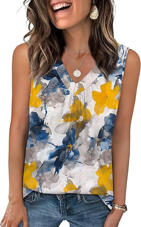 OFEEFAN Tank Top for Women Loose Fit Sleeveless Shirts V Neck Summer Clothes Ruched Women's Tees ... | Amazon (US)