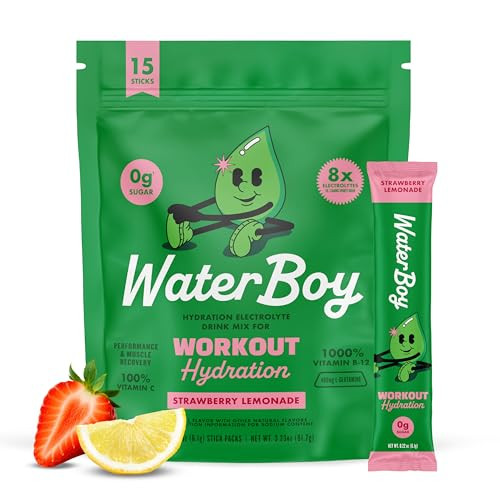 Waterboy Workout Hydration | 2,960mg Sugar Free Electrolyte Powder Packets | L-Glutamine + Vitamins | No Sugar, All Natural, Gluten Free | 15 Drink Stick Mixes (Strawberry Lemonade) | Amazon (US)