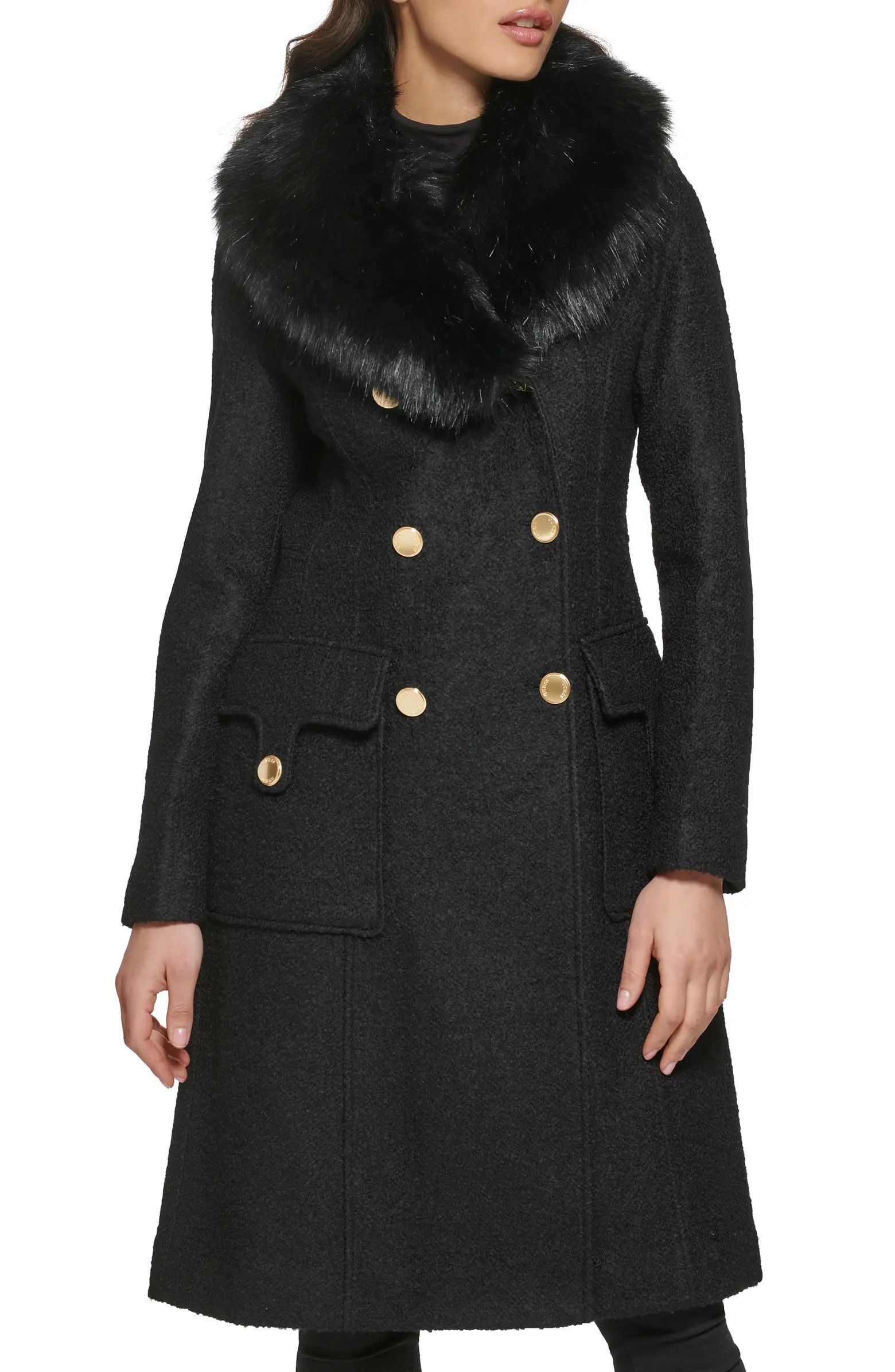 Removable Faux Fur Collar Wool Blend Double Breasted Walker Coat | Nordstrom Rack