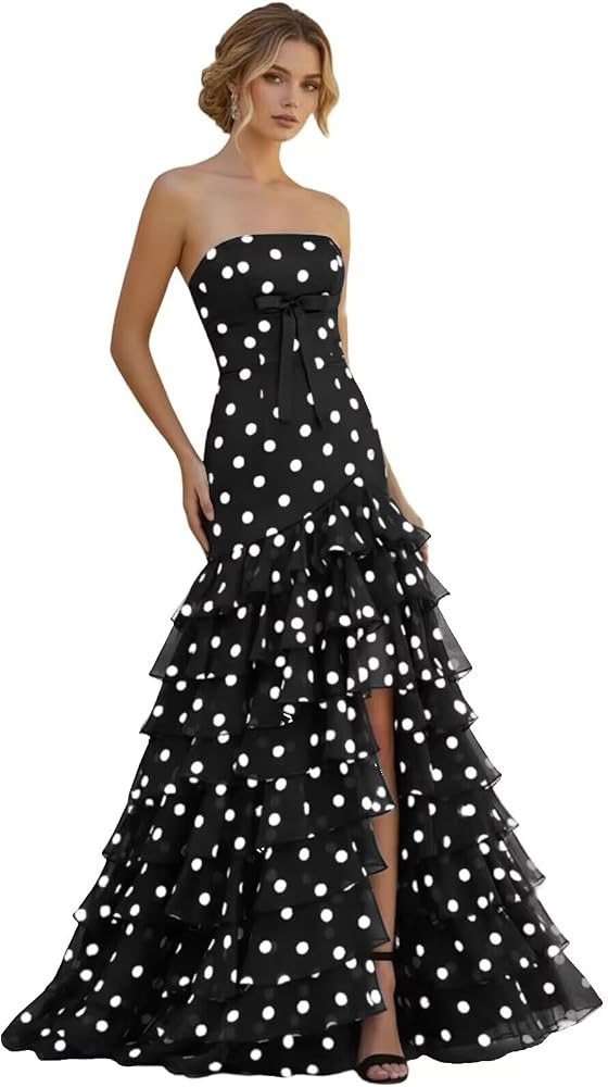 Women\u2019s Strapless Chiffon Prom Dresses 2026 Polka Dots Ruffle Tiered Slit Ball Gowns High Lo... | Amazon (US)
