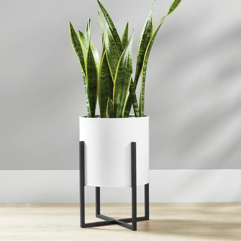 Mainstays 11 Inch White Round Metal Planter with Black Metal Stand, 11 IN D x 15.6 IN H - Walmart... | Walmart (US)