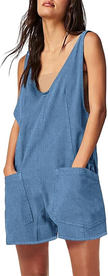 Tongmingyun Womens Casual Denim Rompers Summer Loose Sleeveless V Neck Wide Leg Jeans Short Jumps... | Amazon (US)
