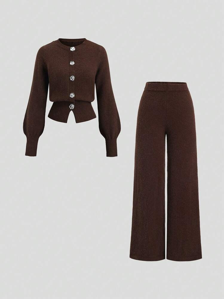 Sweetra Conjunto De Dos Piezas De Cárdigan Con Botones Con Estampado Floral Y Mangas Farol, Y Pantalones De Pierna Ancha De Punto Para Otoño/Invierno | SHEIN