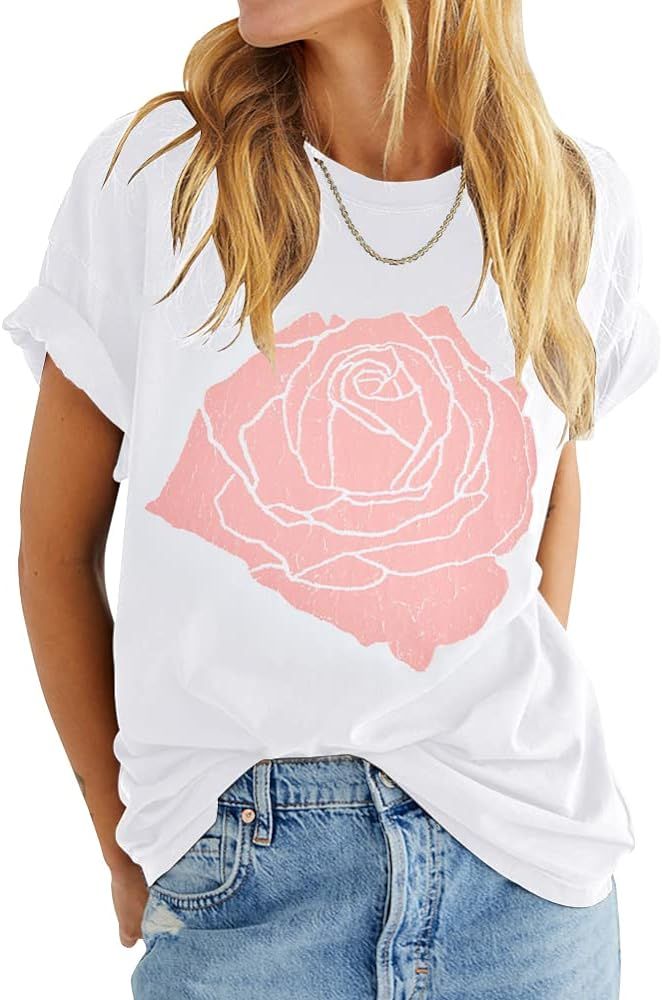 Womens Rose Graphic Tee T Shirt Loose Fit Summer Short Sleeve Casual Boyfriend Crew Neck Tops | Amazon (US)