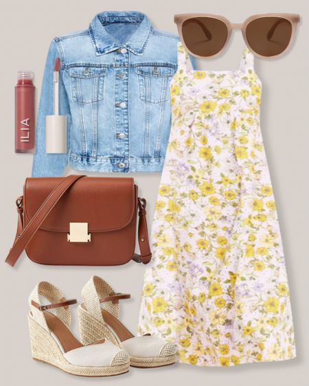 Denim jacket 
Yellow floral dress
Beige sunglasses
Pink lip gloss
Brown crossbody bag
Espadrille wedges
Spring outfit
Spring dress
Loft 

#LTKstyletip #LTKfindsunder100 #LTKSeasonal