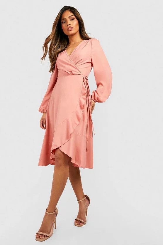 Crepe Ruffle Wrap Midi Skater Dress | Boohoo.com (US & CA)