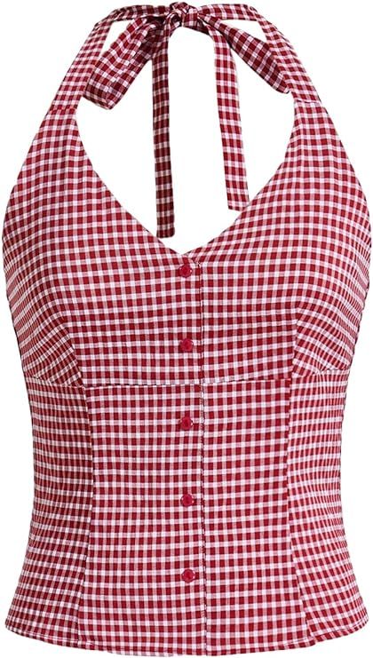 SweatyRocks Women's Plaid Pattern Button Front Halter Top Backless Sleeveless Tank Top | Amazon (US)