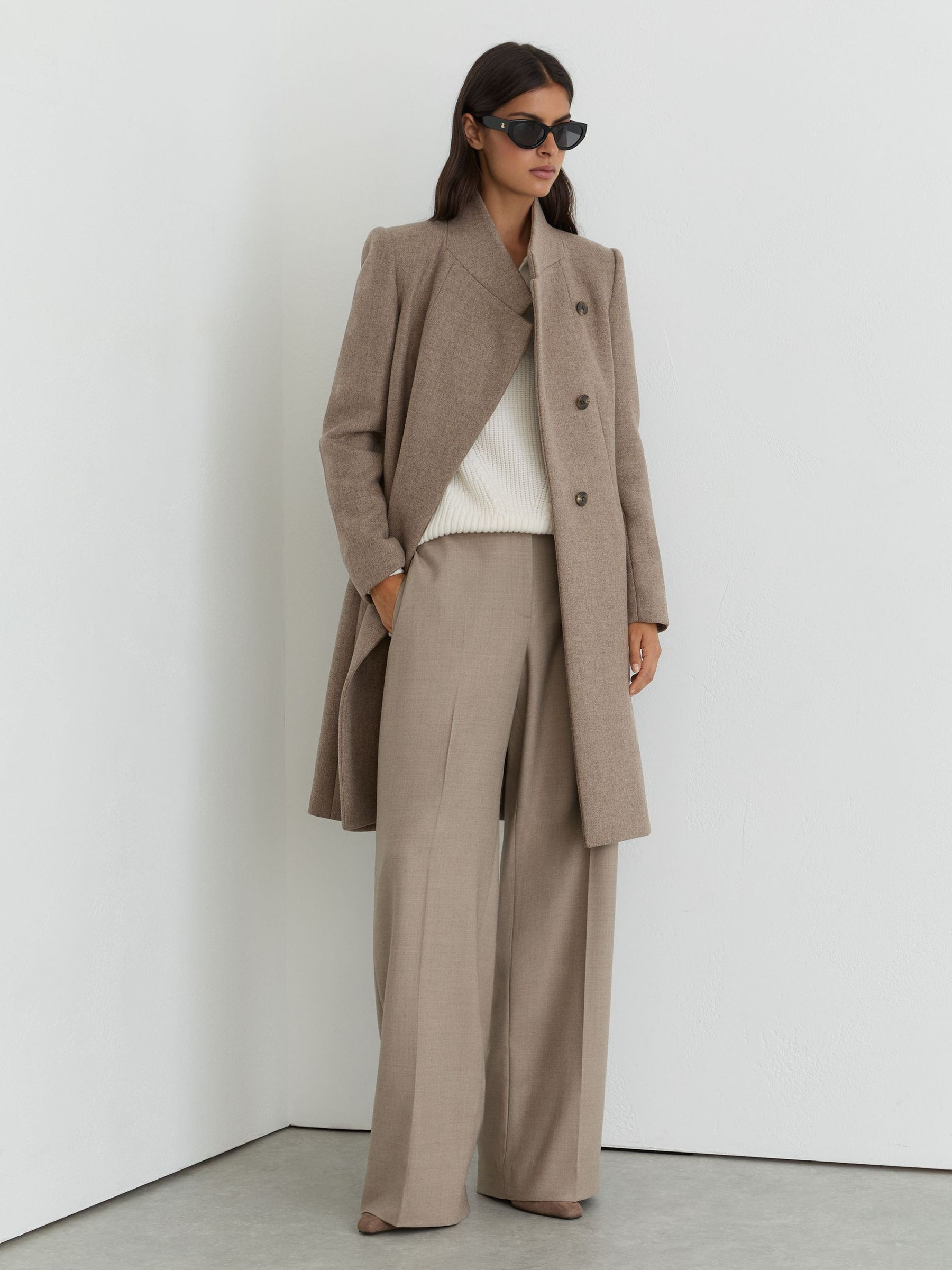 Reiss Wool-Blend Wrapover Mid-Length Coat in Neutral Melange - REISS | Reiss UK