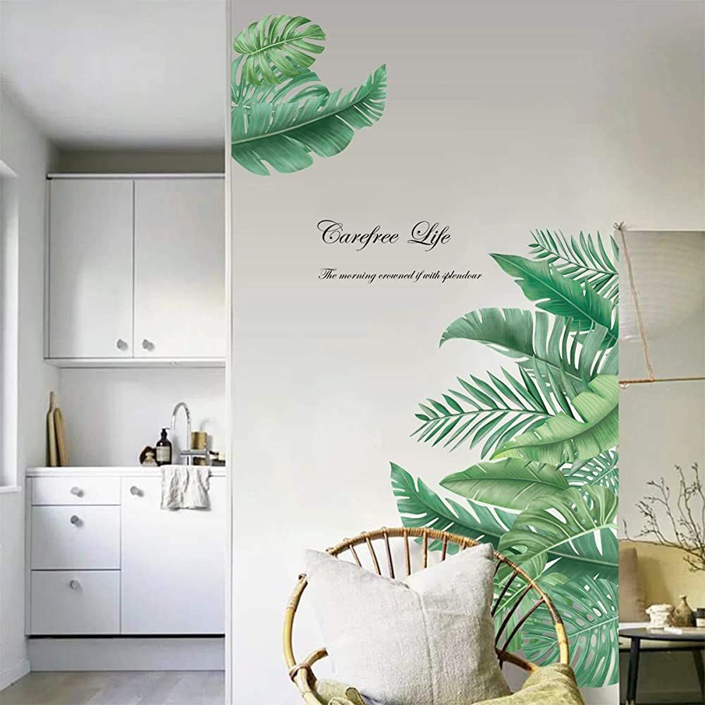 decalmile Green Leaves Wall Decals Palm Tree Leaf Plants Wall Stickers Bedroom Living Room TV Wal... | Amazon (US)