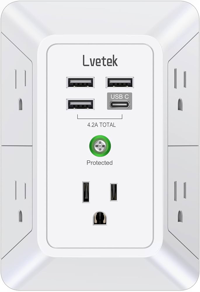 USB Wall Charger，LVETEK Surge Protector 5 Outlet Extender with 4 USB Ports (1 USB C Outlet) 3 S... | Amazon (US)