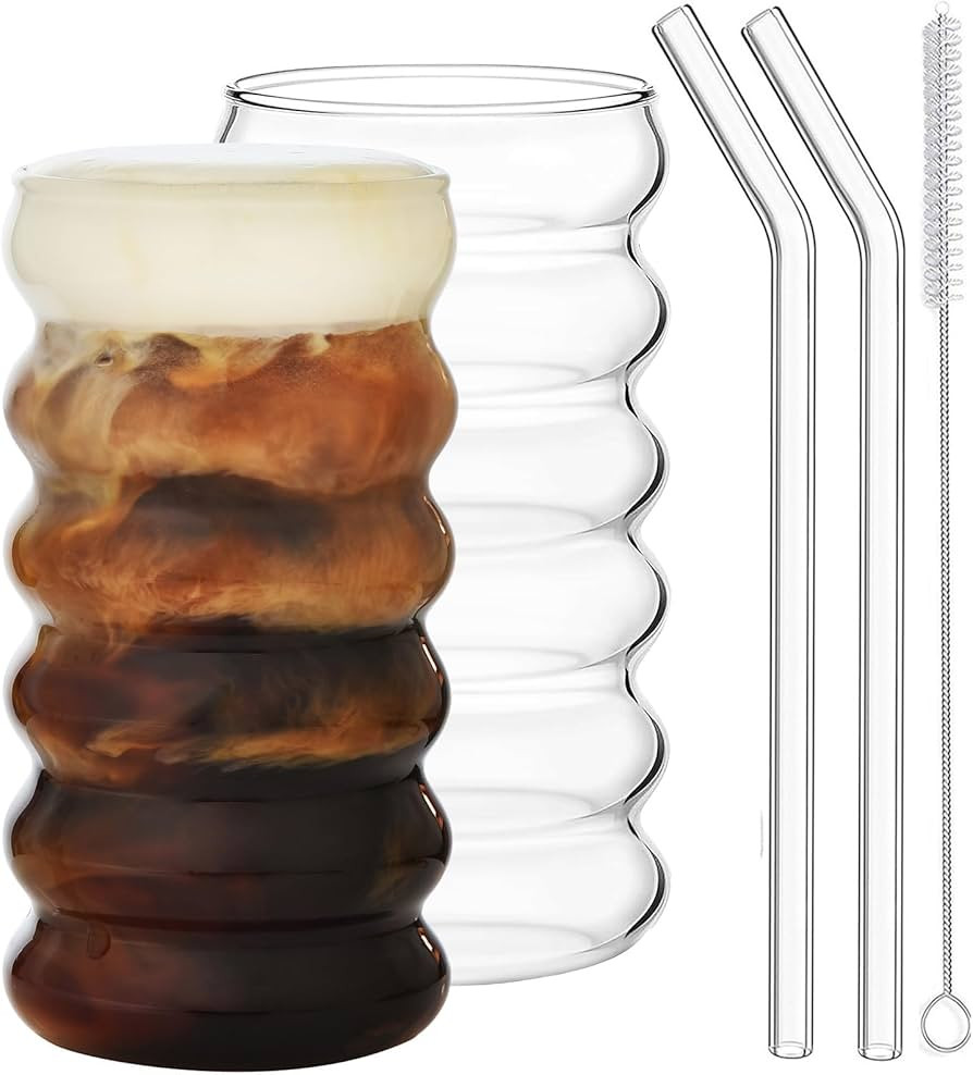 ALINK 16 oz Drinking Glasses with Glass Straws Set of 2, Wave Shape Bubble Glass Cups, Beer Glass... | Amazon (US)