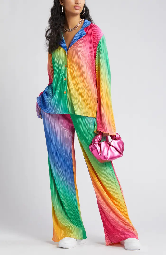 Dressed in Lala Notched Collar Plissé Top & High Waist Pants Set | Nordstrom | Nordstrom