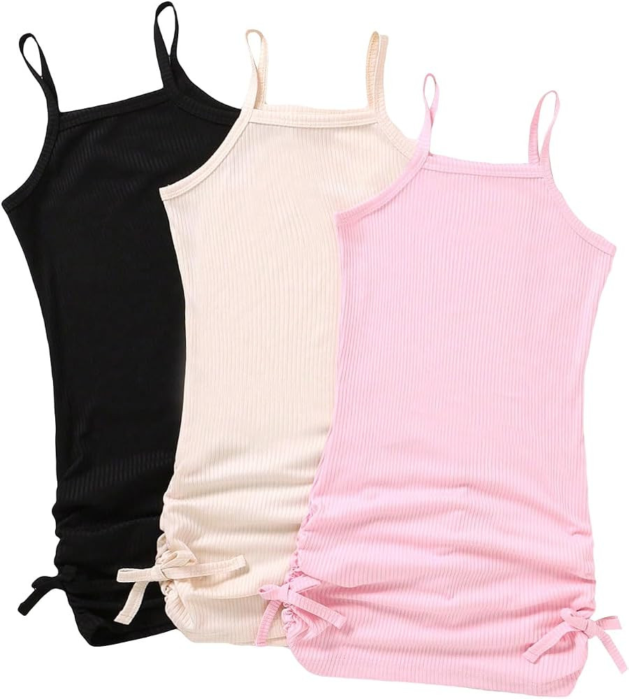 WDIRARA Toddler Girl's 3 Piece Ribbed Knit Cami Dress Ruched Spaghetti Strap Dresses | Amazon (US)