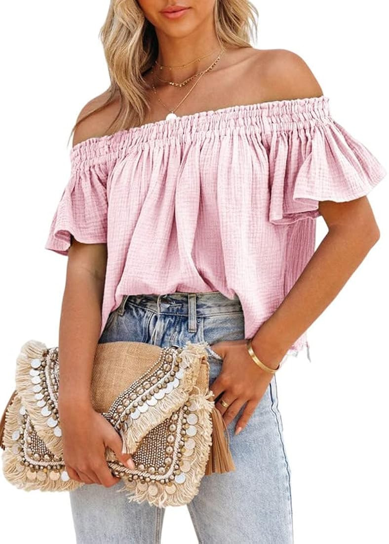 Dokotoo Women's Off The Shoulder Tops Shirred Neck Ruffle Sleeve Flowy Cotton Blouses Shirts | Amazon (US)