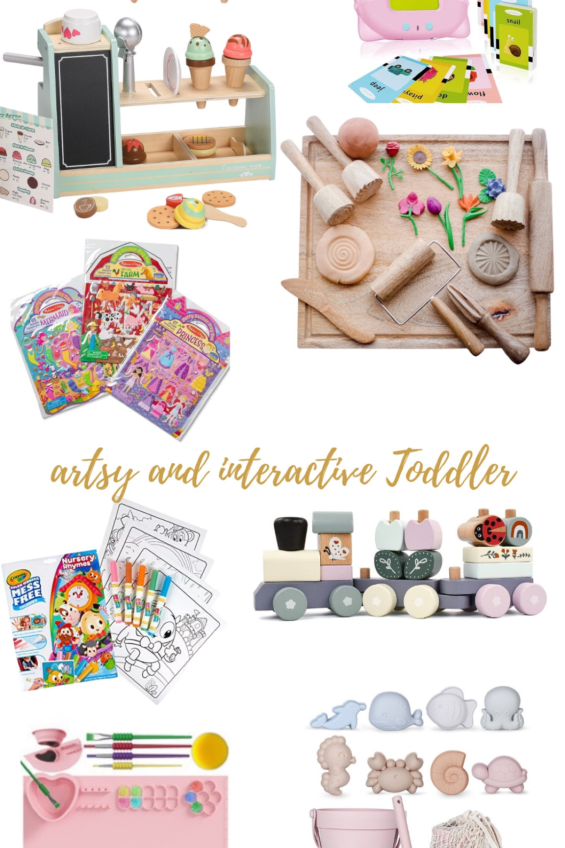 These are all things that really help entertain my toddler. These are very interactive and great for their development. My daughter is really into play dough, kinetic sand, sticker books and coloring (I included our favorite mess free markers, they are amazing)!
She got the train and ice cream set for Christmas and has loved playing with them so much! 

#LTKGiftGuide #LTKkids