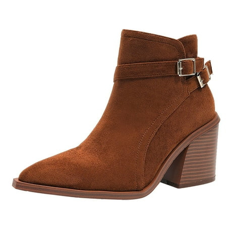 BOBOGOJP Women s Chunky Mid Heel Ankle Boots Classic Pointed Toe Side Zipper Booties (Brown 6.5) | Walmart (US)