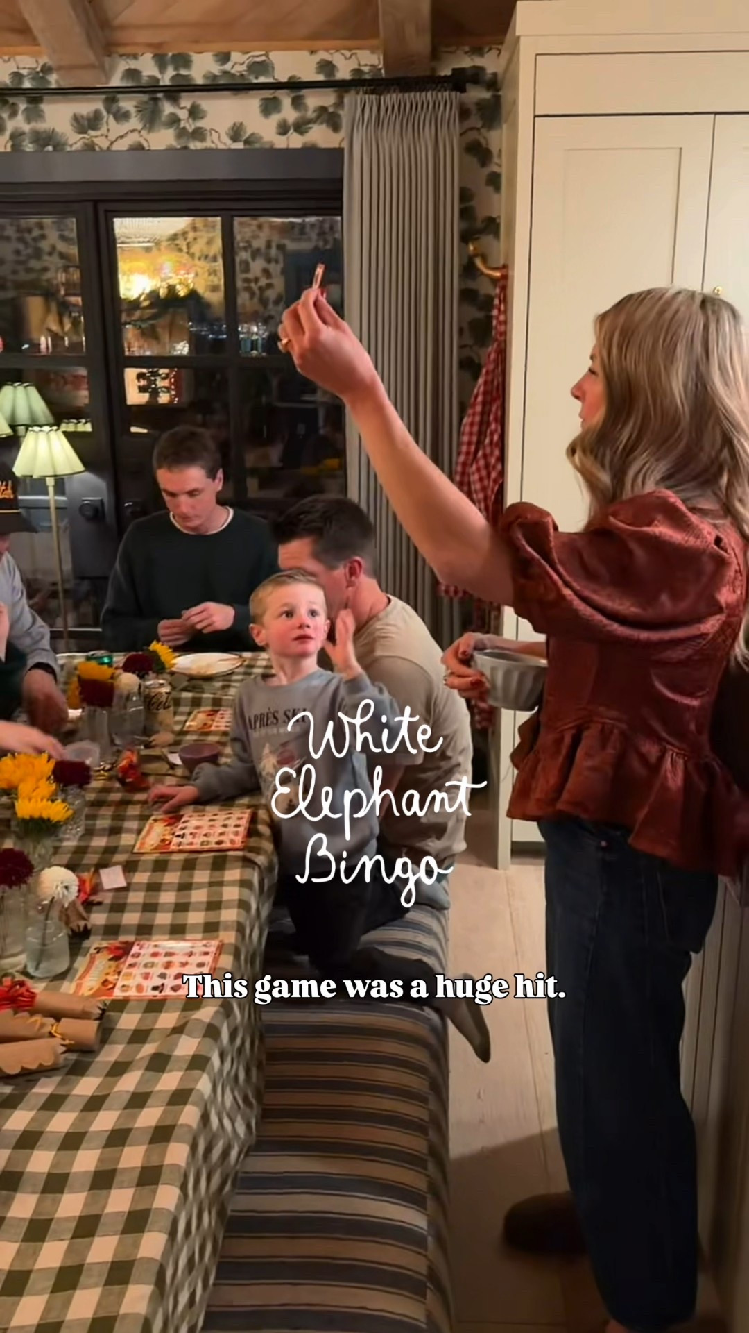 This game was a huge hit- perfect for a big group and all ages!! I get messages daily about it. So save this post for later!

WHITE ELEPHANT BINGO
+Play the game of BINGO. 
+When someone gets a BINGO they pick a prize and open it. 
+The next person who wins can steal a present from someone that has opened a present or unwrap a new present and so on. 
+If your gift was stolen you can unwrap a new one or steal.
+If you win twice you can keep what you already opened, steal (so you swap with the person you stole from) or open a new present (putting your opened gift back in the pile of presents).
+We play until everyone has a gift.
+Limit on stealing a gift is 3 (the top gift at our party was a weighted vest, so the 3rd person to steal it got to keep it)
+I did provide all the gifts because we played it on Thanksgiving last minute, you could play it where everyone brings a favorite gift and put a price limit on the cost of the gift)

Let me know if you play it!!
