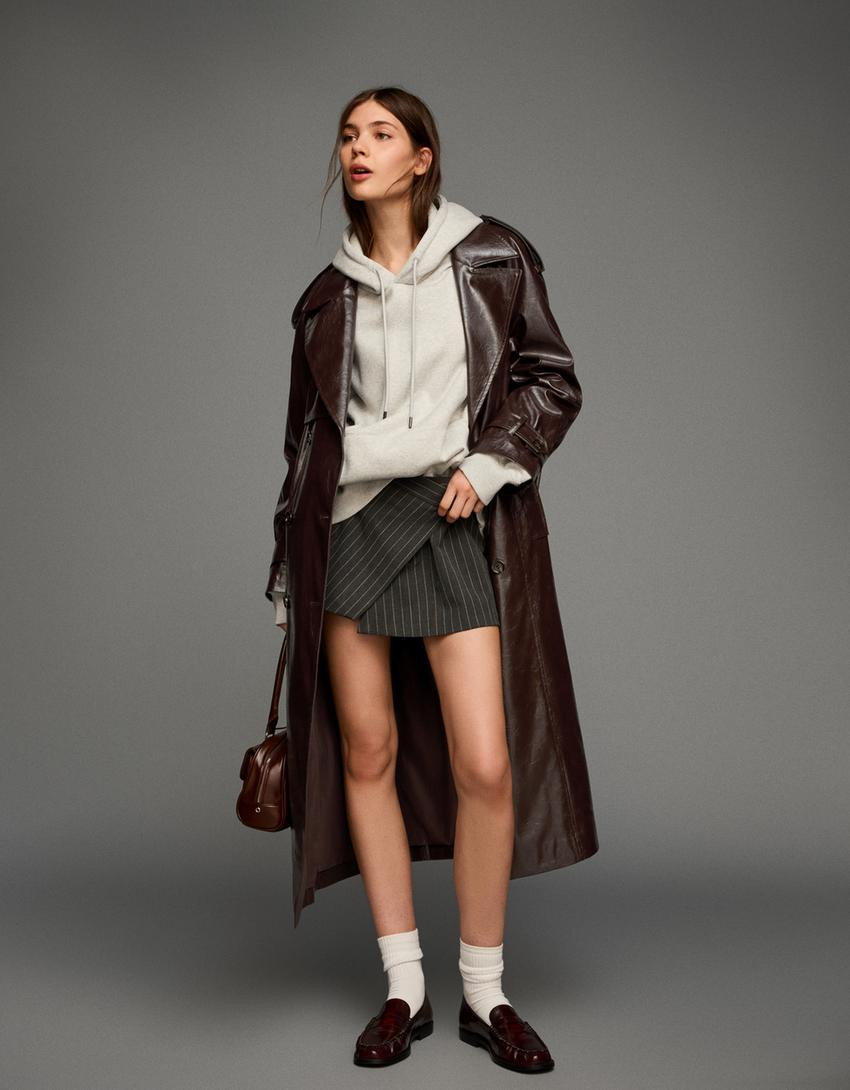 Oversize leather effect trench coat - Coats - Women | Bershka GB