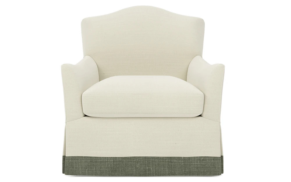 Amoret Cloud Performance Moss Linen Skirted Swivel Chair | Kathy Kuo Home