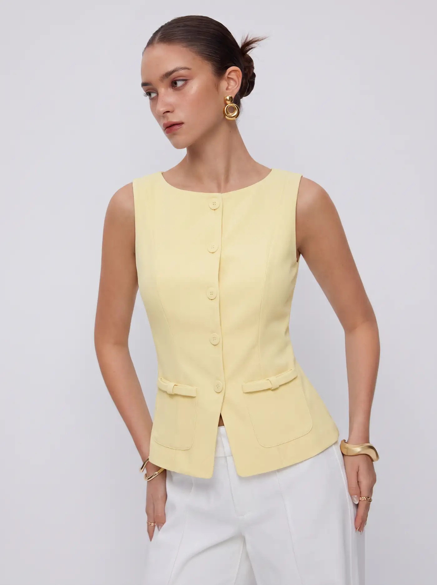 Knit Fabric Boat Neck Button Front Flap Detail Blazer Vest For Daily Casual Work | Cider