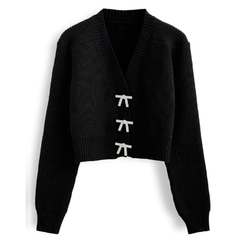 CHICWISH Women Crop Cardigan Sweaters Bowknot Brooch Button Knit Cardigans Open Front Long Sleeve... | Amazon (US)