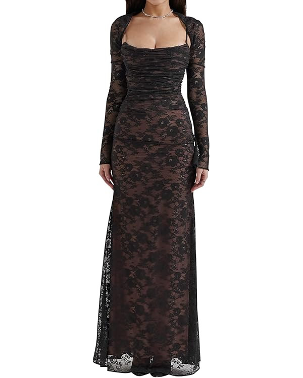 Women Vintage Cream Lace Maxi Dress Romantic Long Sleevees Lace Bodycon Dress | Amazon (US)