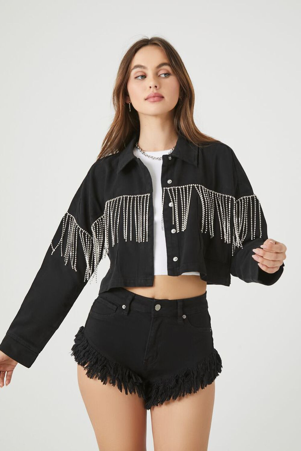 Rhinestone Fringe Trucker Jacket | Forever 21 (US)