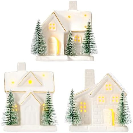 WDS WONDROUS Ceramic Christmas Village House Set Decor- Set of 3 Light Up Christmas Houses, White... | Amazon (US)