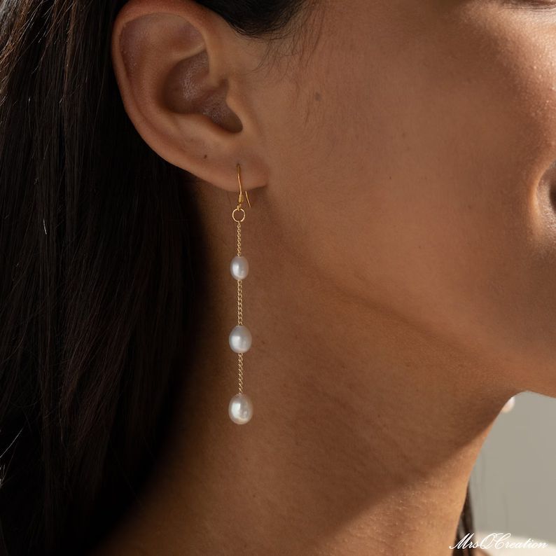 Freshwater Pearl Drop Earrings, Bridal Pearl Earrings, 18K Gold Dangle Earrings, Wedding Earrings... | Etsy (US)