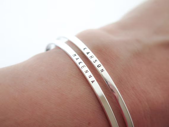 Sterling Silver Personalized Bangle Bracelet Jewelry - Custom Stamped Gift for Her Personalized -... | Etsy (US)
