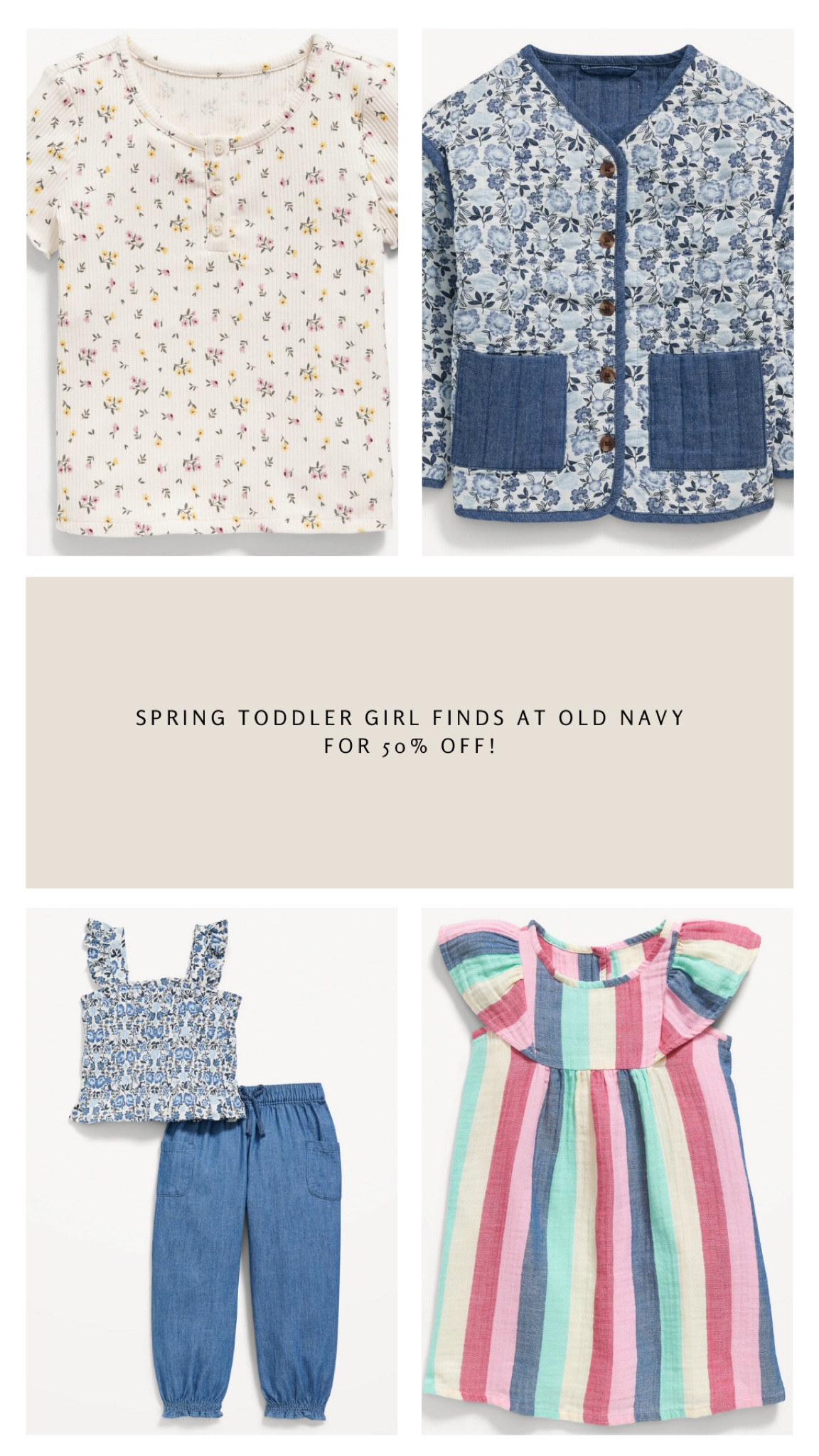 Toddler girl spring clothes for 50% off at Old Navy! 

I’m for sure getting M that incredible quilted jacket and some of the ribbed, lettuce hem tees - they’re so sweet! 

#LTKkids