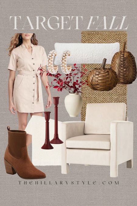 Target Fall Vibes: refresh your home and wardrobe for fall with fall fashion and home decor finds from Target. Velvet accent chair, jute runner, pumpkins, Boucle pillow, cozy lumbar pillow, chenille throw blanket, wood candle holders, fall florals, brown boots, fall boots, utility dress, Pearl hoop earrings, gold hoops, fall dress, fall outfit, fall fashion, fall home decor, fall refresh

#LTKSeasonal #LTKFind #LTKhome