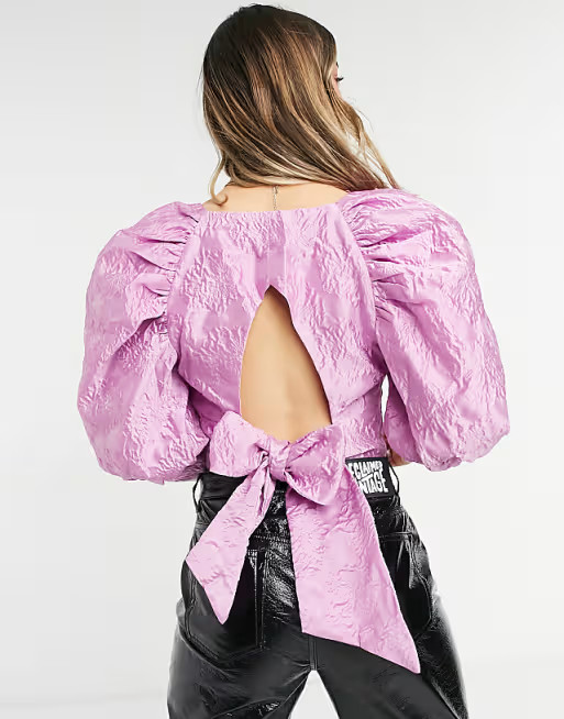 Off-the-shoulder open back puff sleeve jacquard top with bow detail in pink | ASOS (Global)