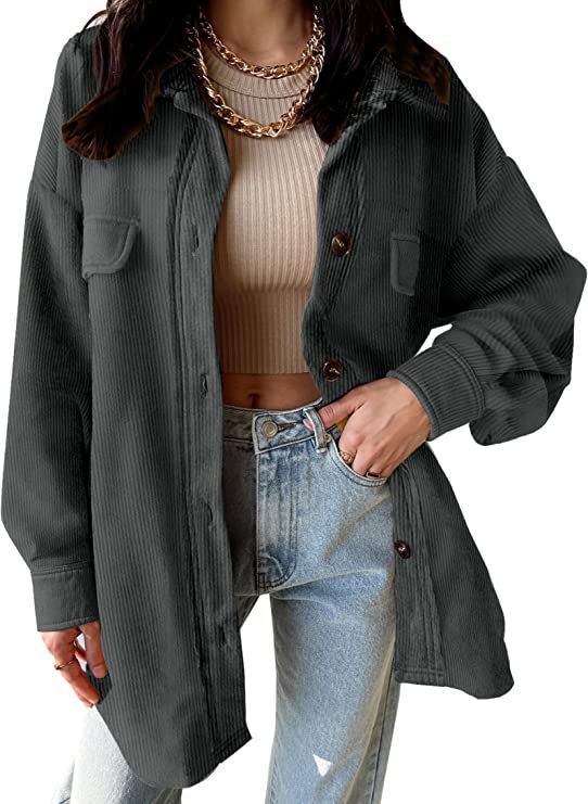 VICHYIE Womens Corduroy Shacket Blouses Button Down Shirts Pocket Long Sleeves Tops Jacket Coats | Amazon (US)