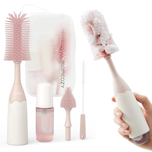 Momcozy Bottle Brush Kit with Push-Press Foam Design - Newborn Essentials Gift, Portable Cleaning Tool for Home & Travel, Baby Bottle Cleaner Brush for Breast Pumps & Nipples, Pink | Amazon (US)