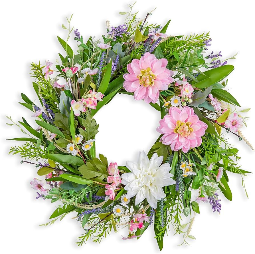 20'' Spring Wreath for Front Door - Pink Dahlia Artificial Flowers Summer Door Wreath with Natura... | Amazon (US)