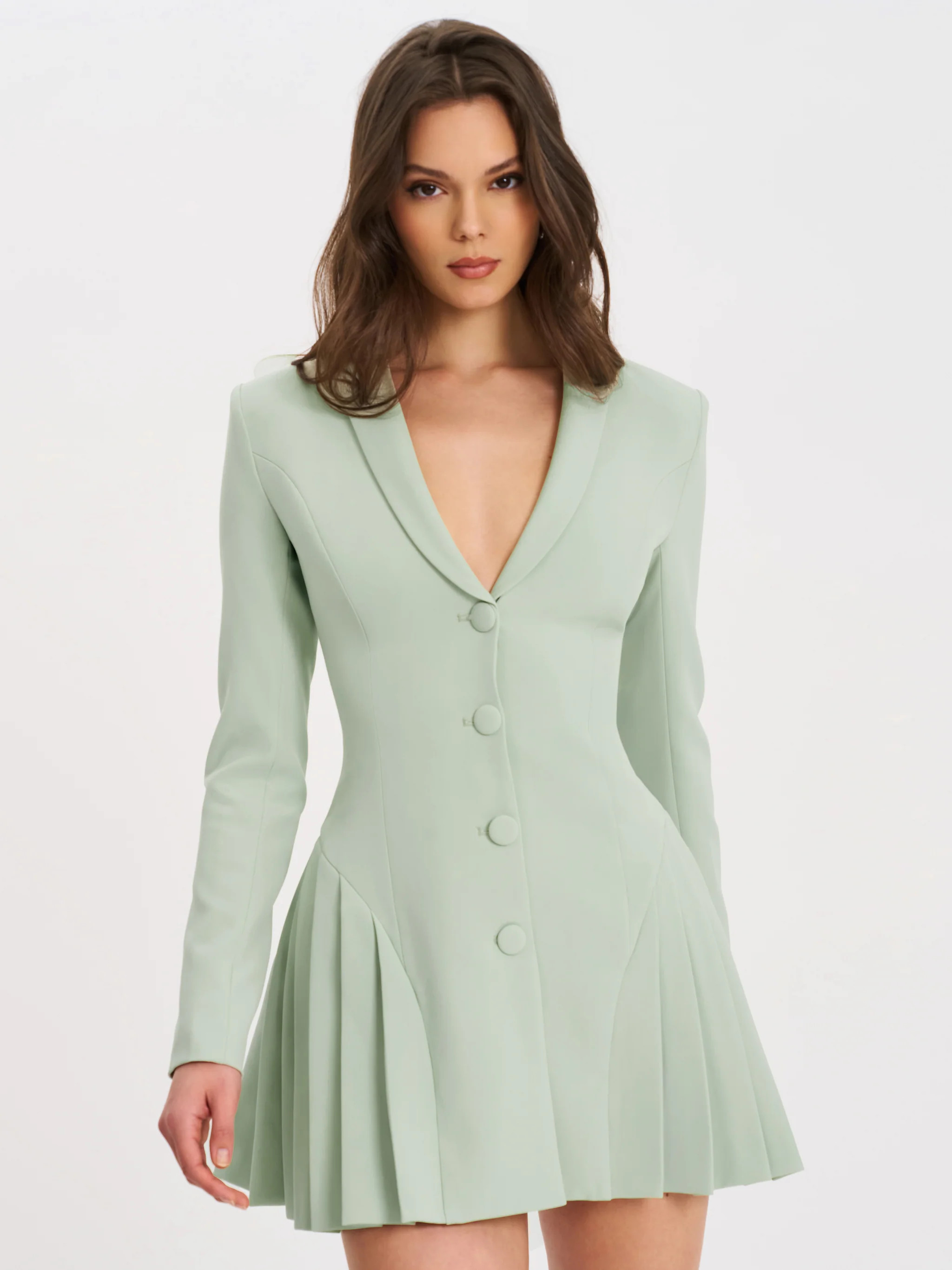 Delia Pistachio Green Blazer Dress with Pleated Detail | Miss Circle