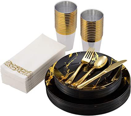 Vplus 175PCS Black and Gold Marbling Plastic Plates Sets, Disposable Dinnerware Sets for Party Ha... | Amazon (US)