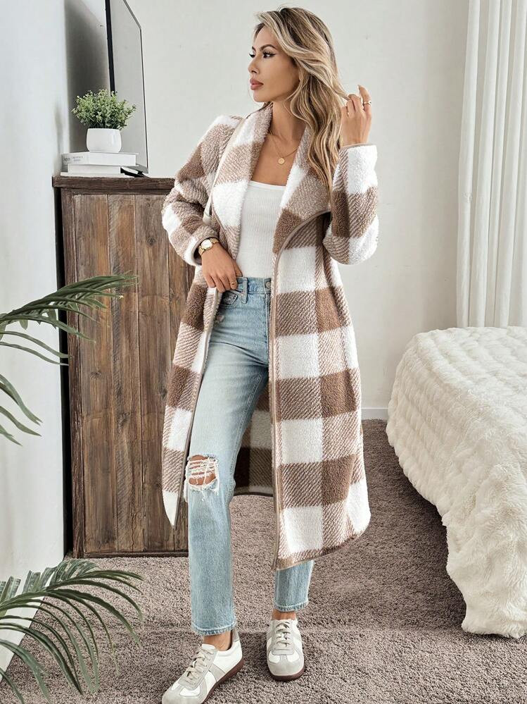 SHEIN LUNE Mid-Length Regular Casual Plaid Knitted Jacket For Women, Autumn & Winter | SHEIN