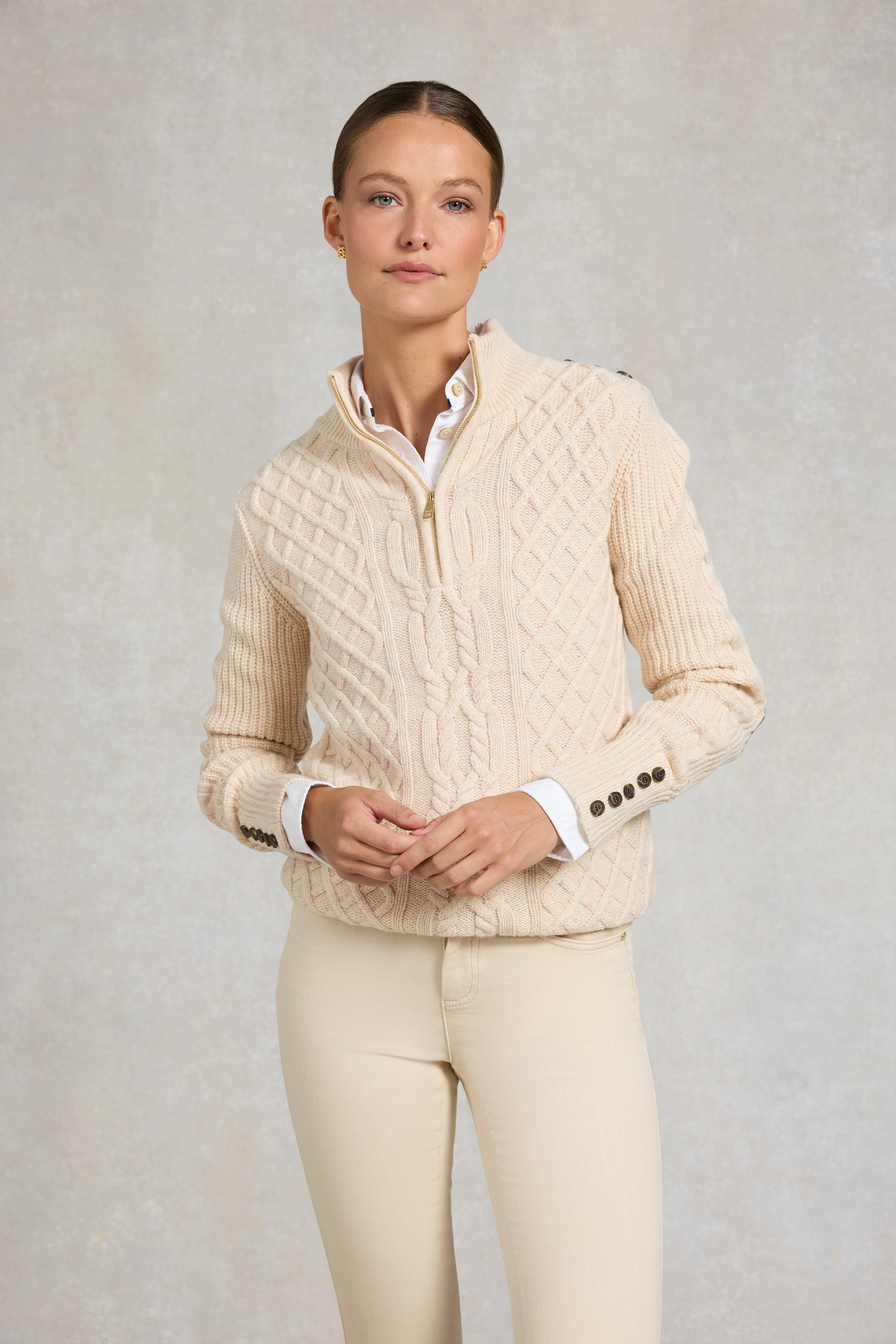 Country Cable Quarter Zip Knit (Oat) | Holland Cooper