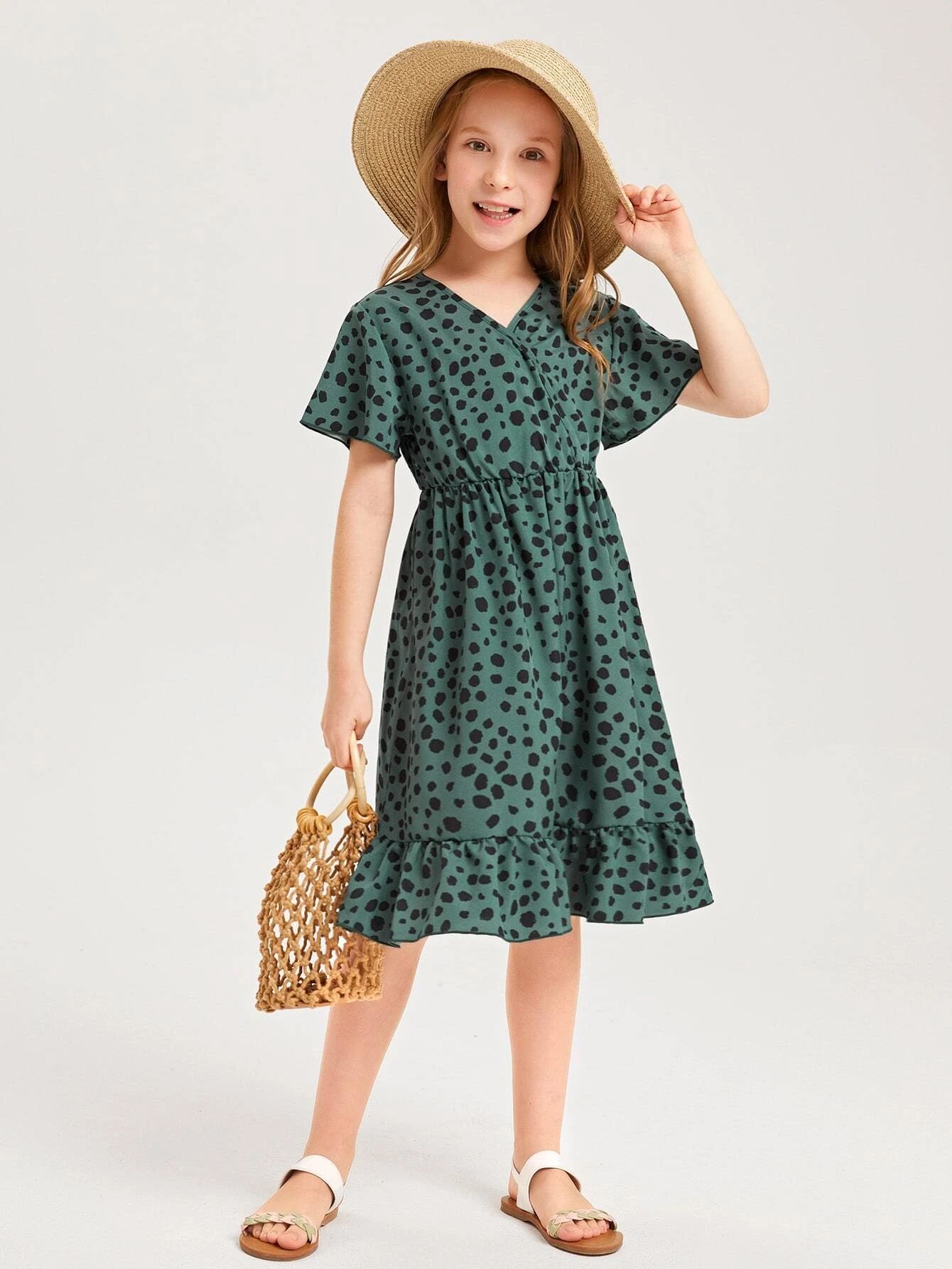 Girls Dalmatian Print Butterfly Sleeve Ruffle Hem Chiffon Dress | SHEIN