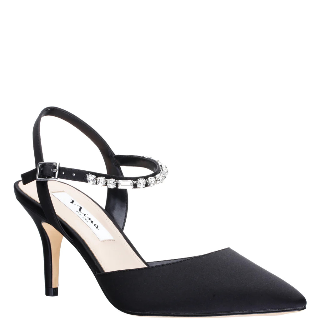 TUCKER-BLACK  SATIN CRYSTAL POINTY-TOE MID-HEEL DRESS PUMP | Nina Shoes