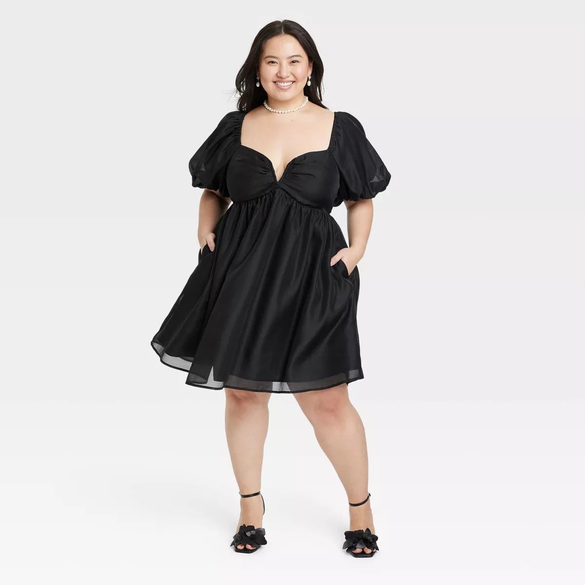 Women's Balloon Short Sleeve Organza Baby Doll Dress - A New Day™ Black 2X | Target