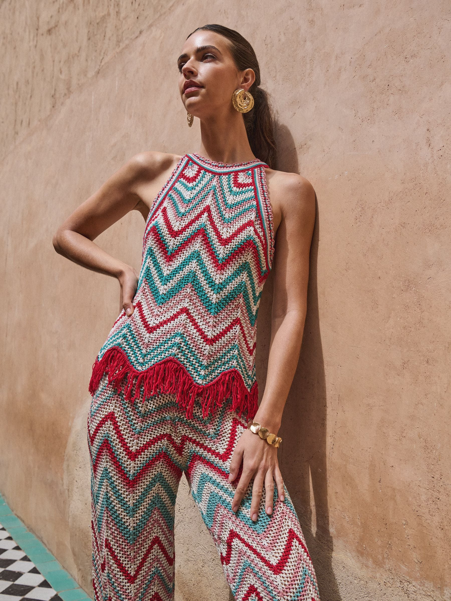Lipsy Lipsy Green Zig Zag Fringe Detail Crochet Halter Neck Top | Next US