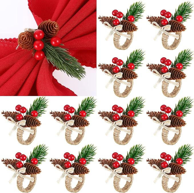 12 Pieces Christmas Napkin Rings Holder Pine Cones Poinsettia Pumpkin Wooden Napkin Rings Decor f... | Amazon (US)